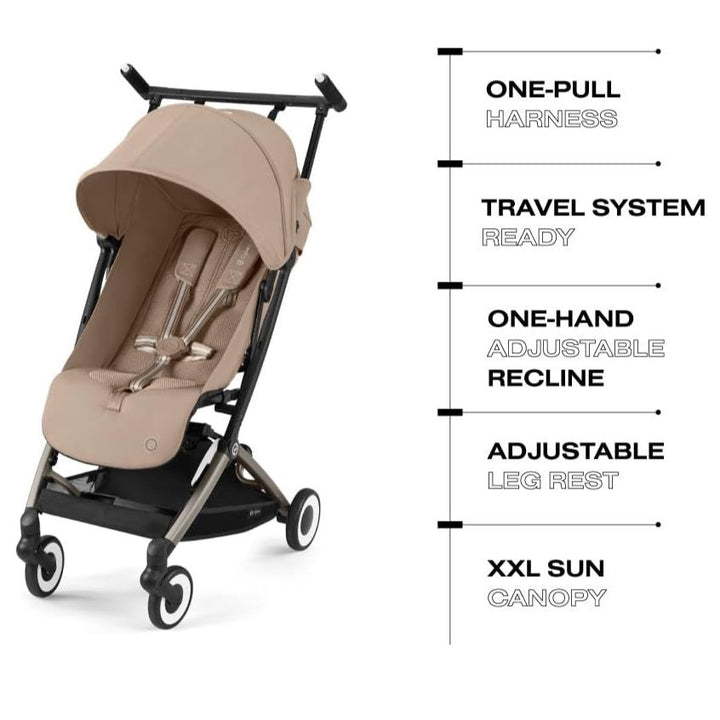 Libelle Lightweight Travel Baby Stroller with Ultra Compact Carry on Fold, Smooth Suspension, and One Hand Adjustable Recline, Travel System Ready, Almond Beige