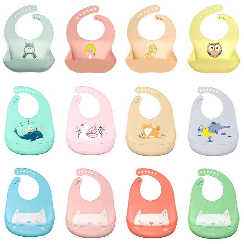 Waterproof Baby Bibs Baby Stuff Cute Cartoon Animal Printed Kids Bib Girl Boy Adjustable Soft Silicone Bib Baby Feeding Stuff